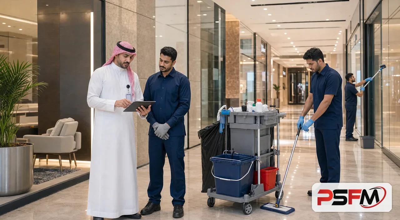 PSFM cleaning team maintaining a corporate mixed-use property in Dammam