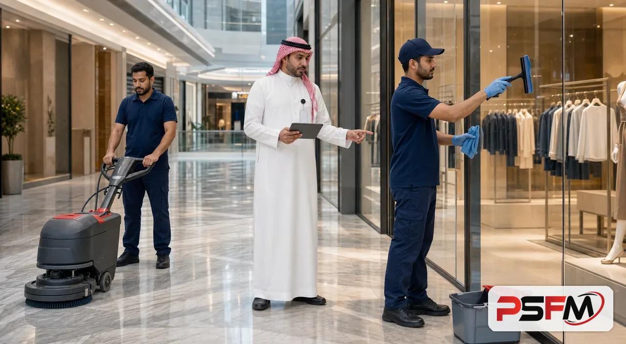 PSFM commercial cleaning team preparing a retail mall showroom in Jeddah