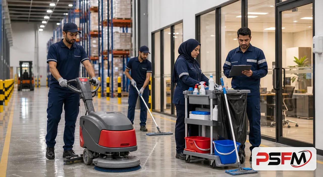 PSFM cleaning crew maintaining an industrial logistics facility in Jubail
