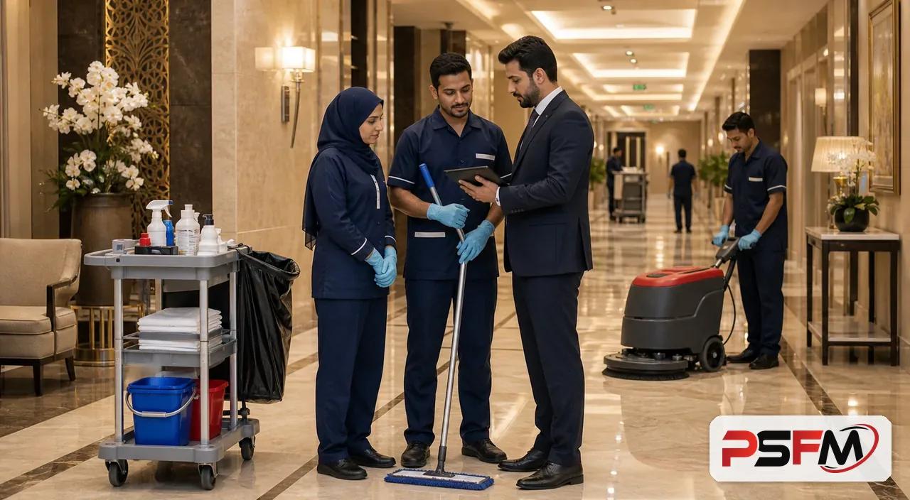PSFM cleaning team preparing a hotel hospitality facility in Makkah