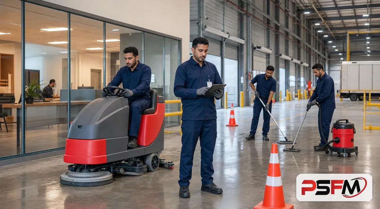 PSFM industrial cleaning crew maintaining a logistics facility in Riyadh
