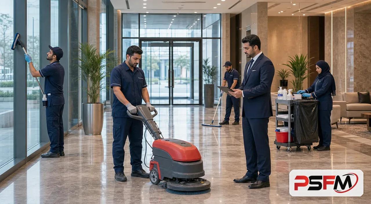 PSFM commercial cleaning team maintaining a business lobby in Taif