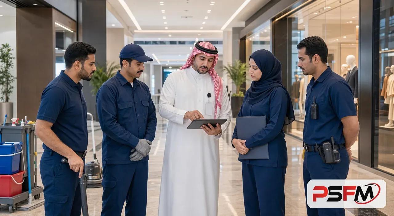 PSFM facility management supervisor coordinating retail mall operations in Dammam