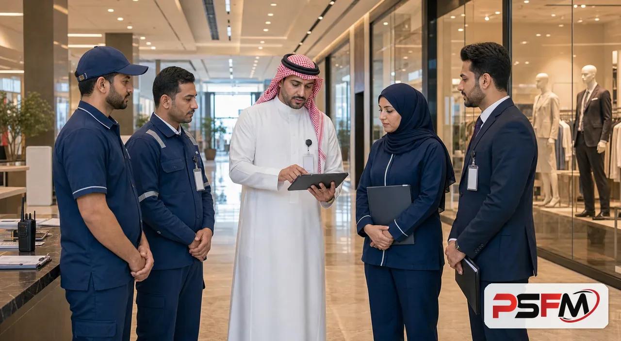 PSFM facility management supervisor coordinating retail mall operations in Yanbu