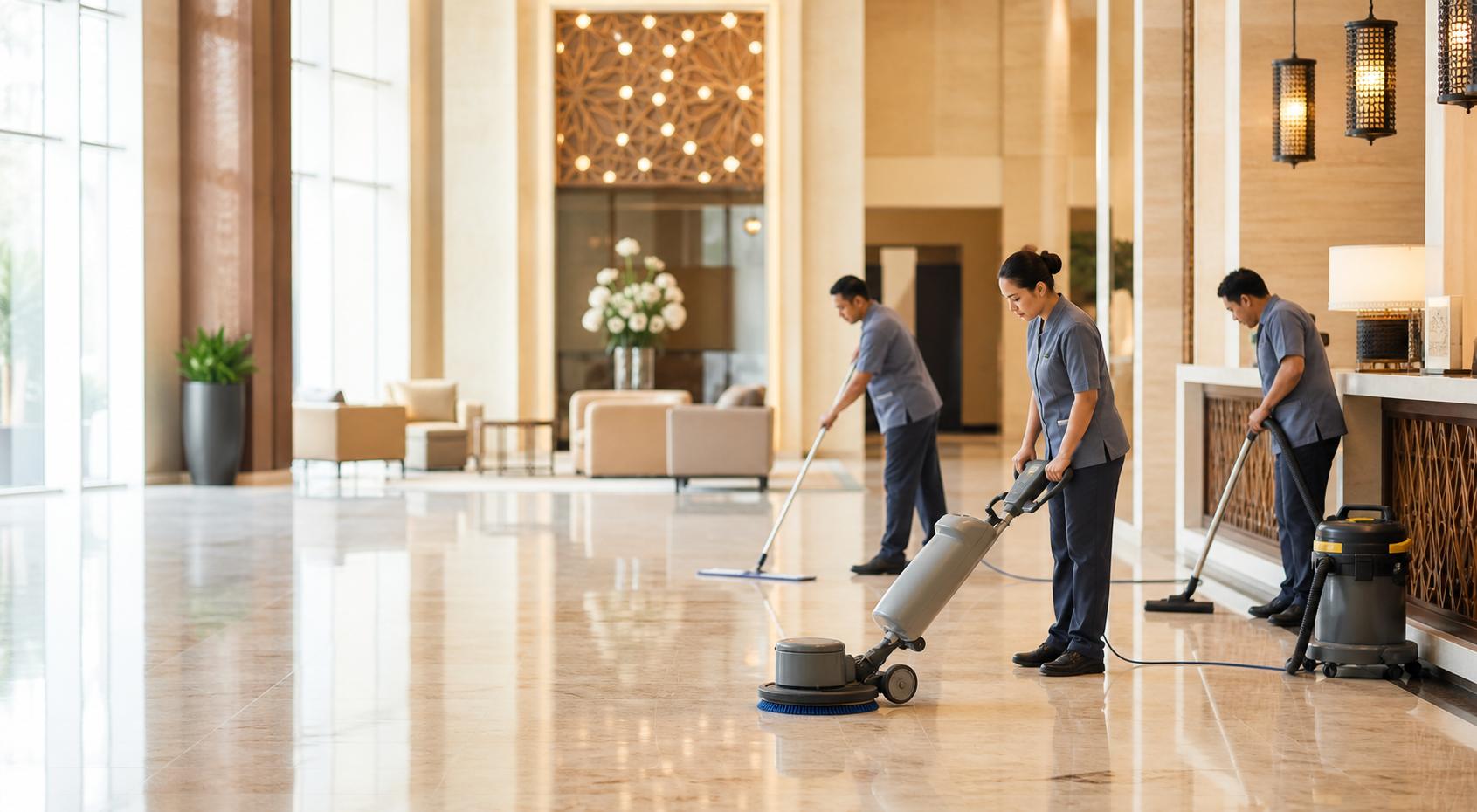 Professional commercial cleaning team preparing a hospitality lobby in Jeddah