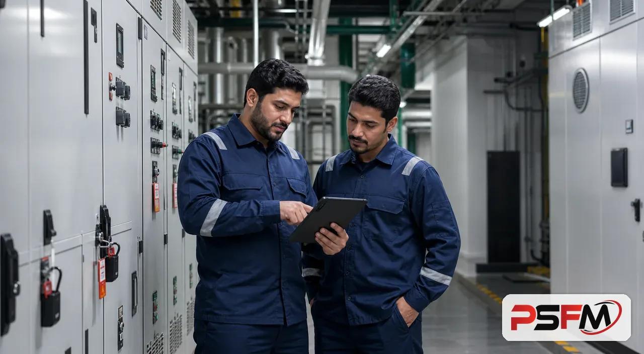 PSFM maintenance technicians reviewing MEP operations for a mixed-use property in Jeddah