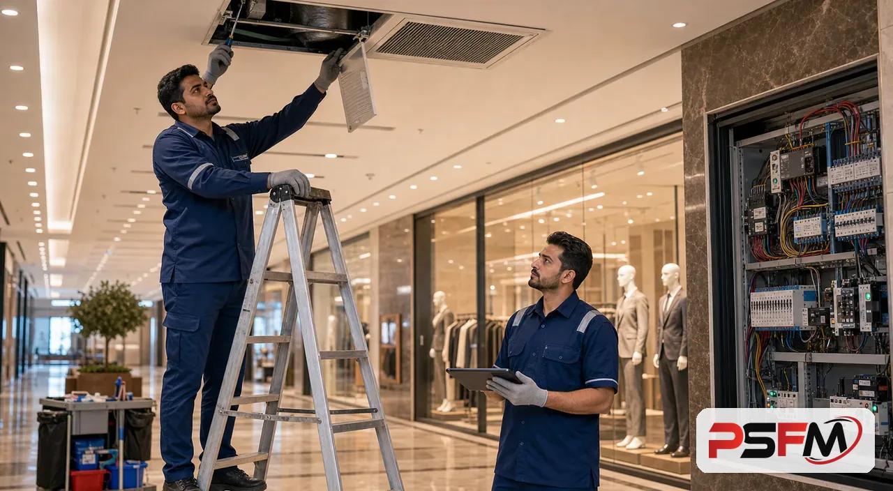 PSFM maintenance technicians inspecting retail mall systems in Taif