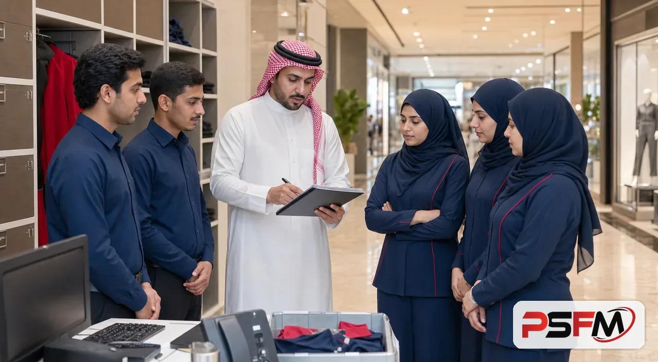 PSFM manpower supervisor coordinating retail mall support staff in Riyadh