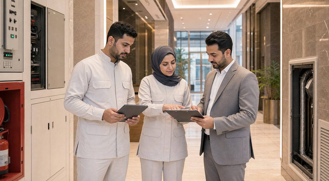 PSFM facility manpower team reviewing a building maintenance checklist in Saudi Arabia