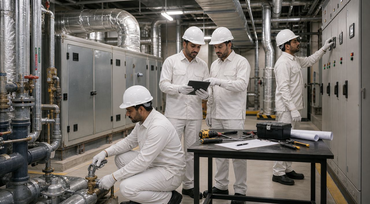 PSFM building maintenance team coordinating HVAC electrical plumbing and civil works in Saudi Arabia