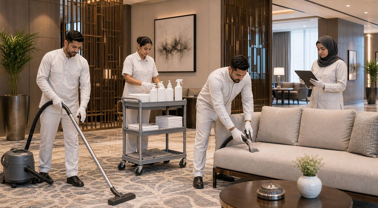 PSFM carpet and upholstery cleaning manpower team supporting Saudi offices and hotels