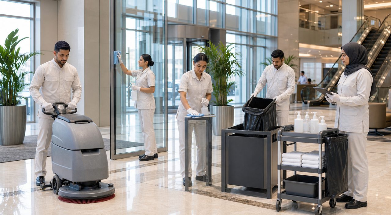 PSFM commercial cleaning manpower team supporting active Saudi facility operations