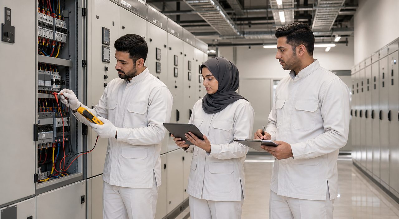 PSFM electrical maintenance manpower team inspecting Saudi commercial facility panels