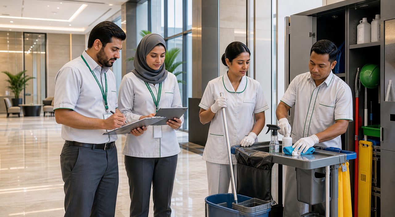 PSFM facility management manpower and cleaning team coordinating Saudi commercial services