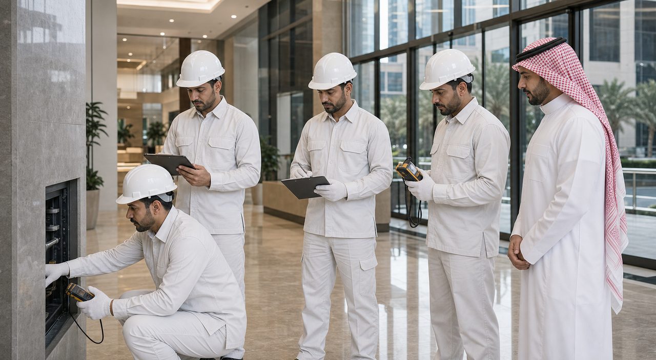 PSFM Jeddah facility management company team inspecting a commercial building