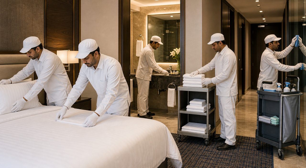 PSFM Jeddah hotel housekeeping and soft FM services team preparing guest rooms