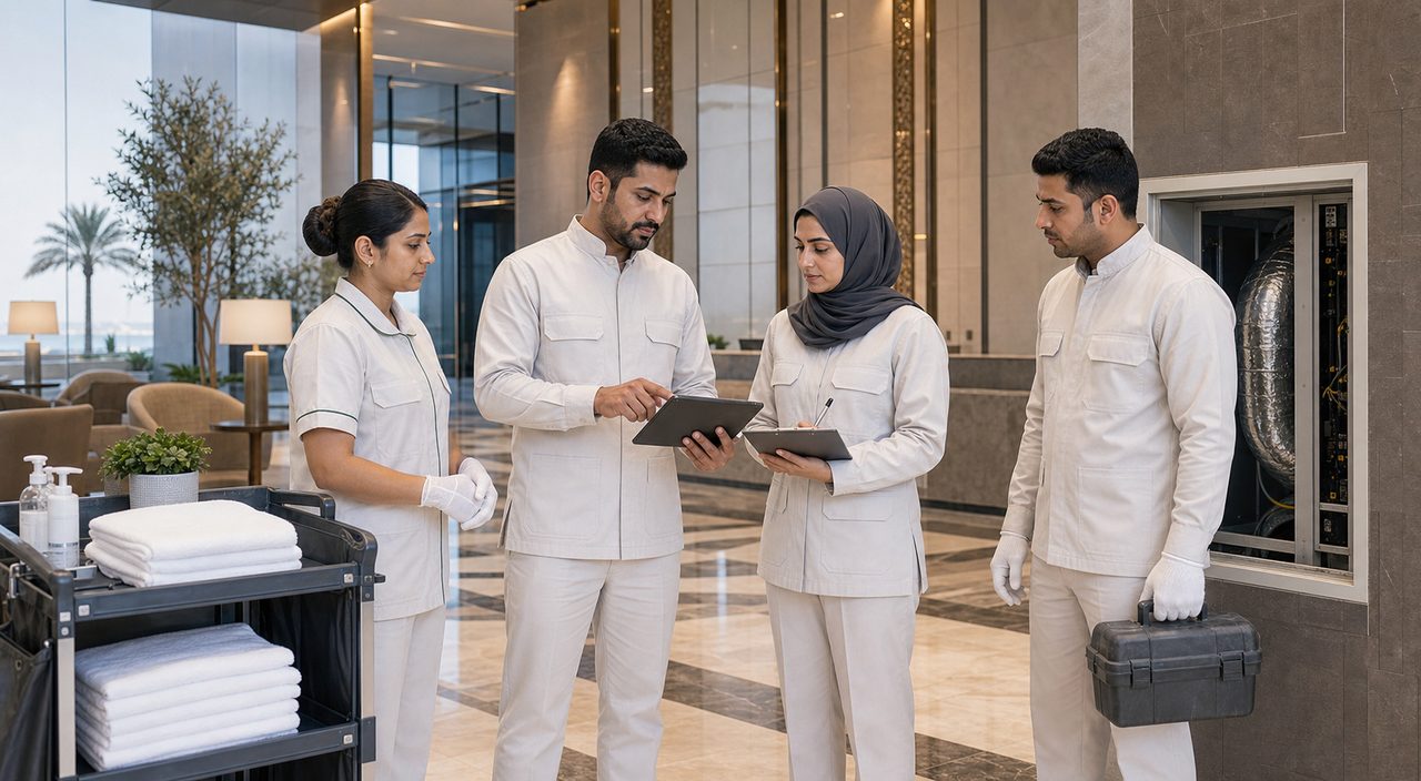 فريق PSFM لإدارة المرافق وتوريد القوى العاملة في جدة يراجع قائمة فحص المكاتب والفنادق