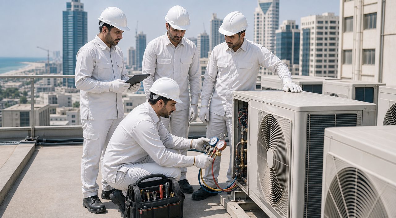 PSFM Jeddah summer HVAC preventive maintenance team servicing commercial AC units