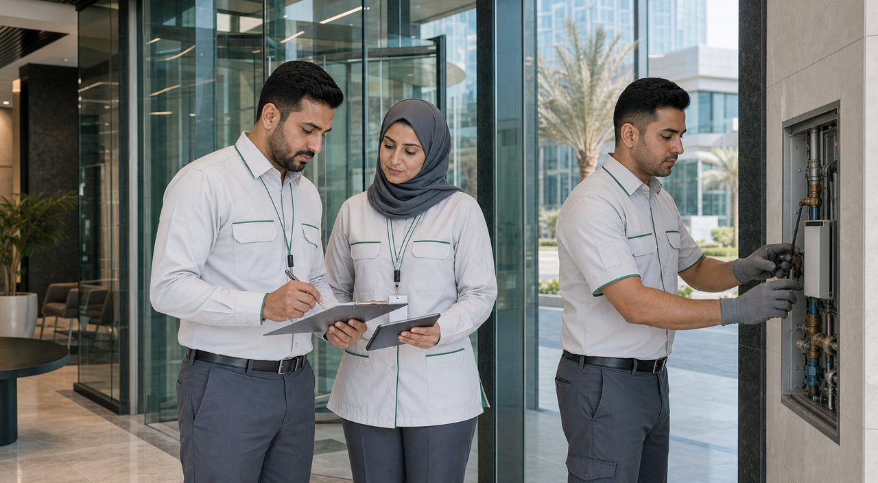 PSFM Khobar commercial building facility manpower and maintenance team inspecting site operations