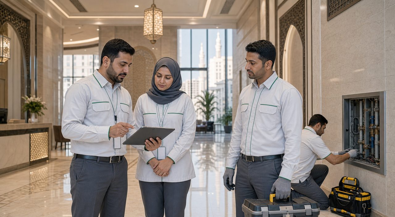 PSFM Madinah managed property facility manpower and maintenance team reviewing building operations