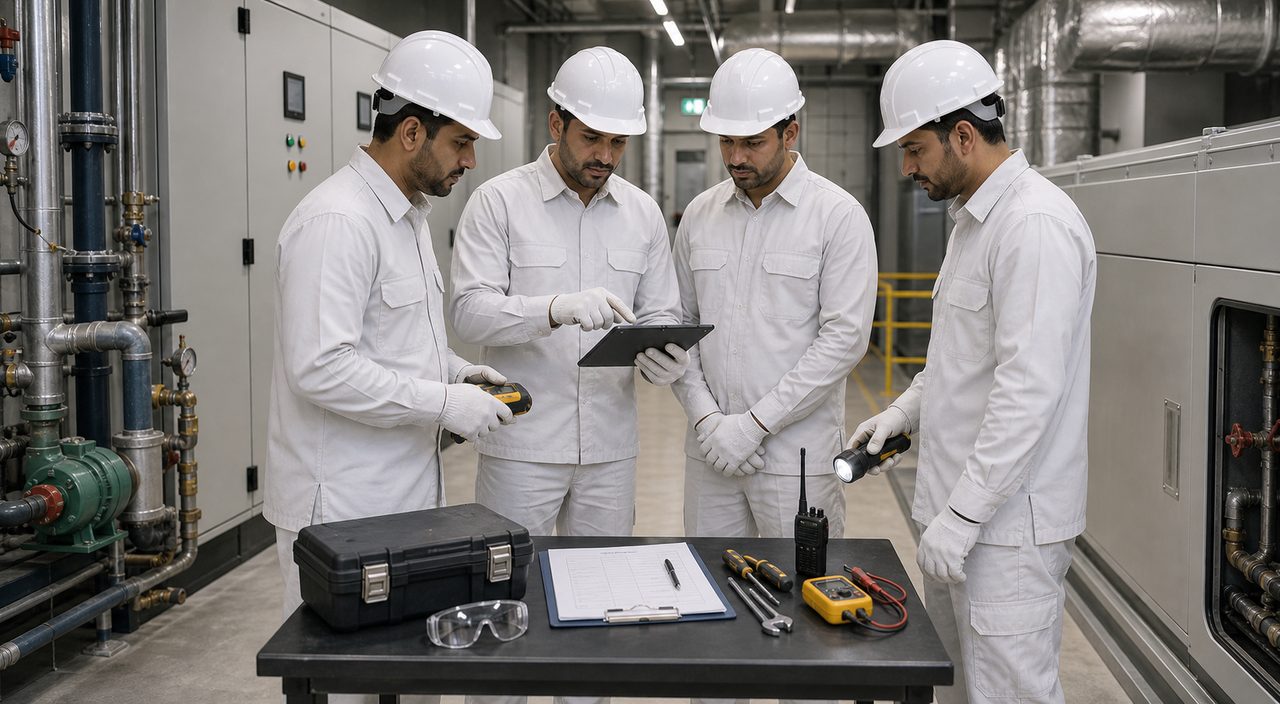 PSFM preventive maintenance checklist team inspecting commercial building systems in KSA