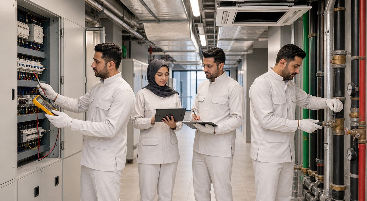 فريق PSFM لصيانة أنظمة MEP وتوريد القوى العاملة في الرياض يتفقد أنظمة مبنى تجاري