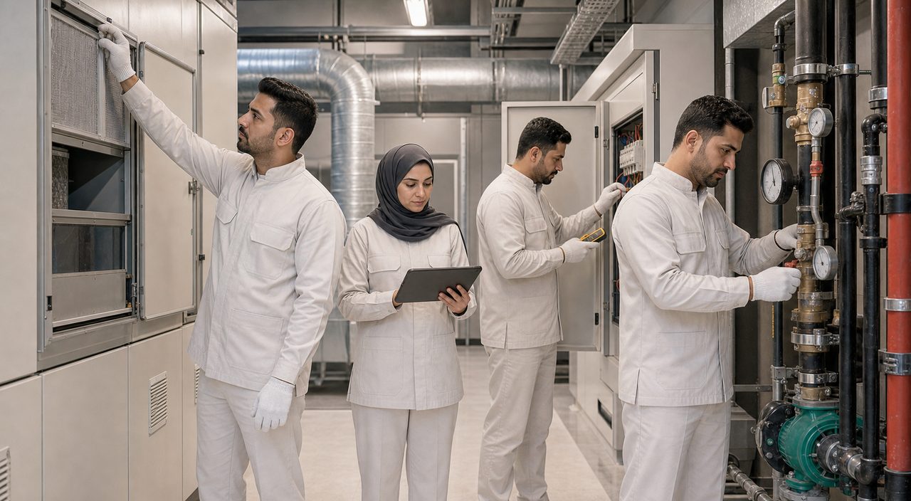 PSFM technical maintenance manpower team inspecting Saudi commercial facility systems