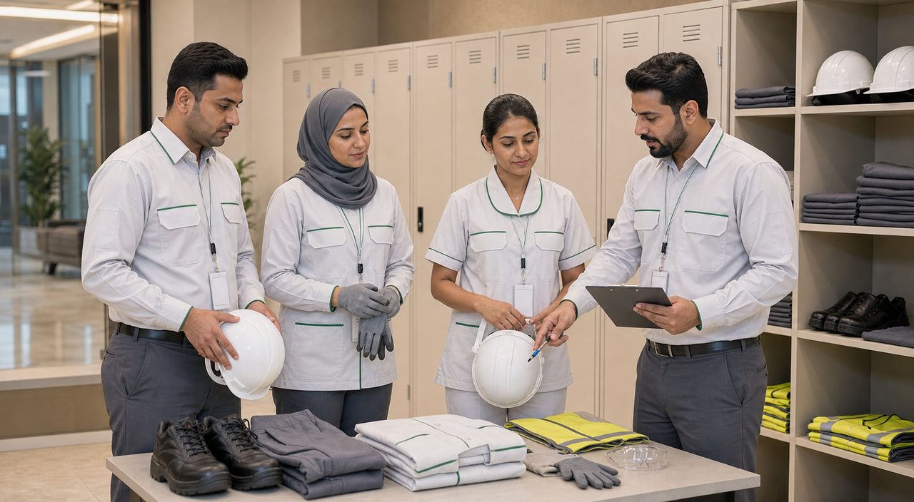 PSFM facility manpower team reviewing uniform and workwear standards in Saudi Arabia