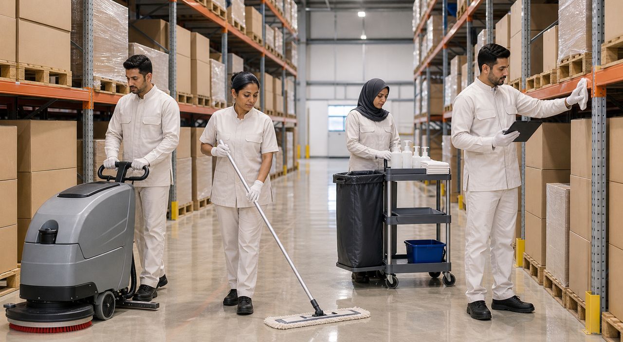 PSFM Yanbu warehouse and commercial cleaning manpower team supporting facility operations
