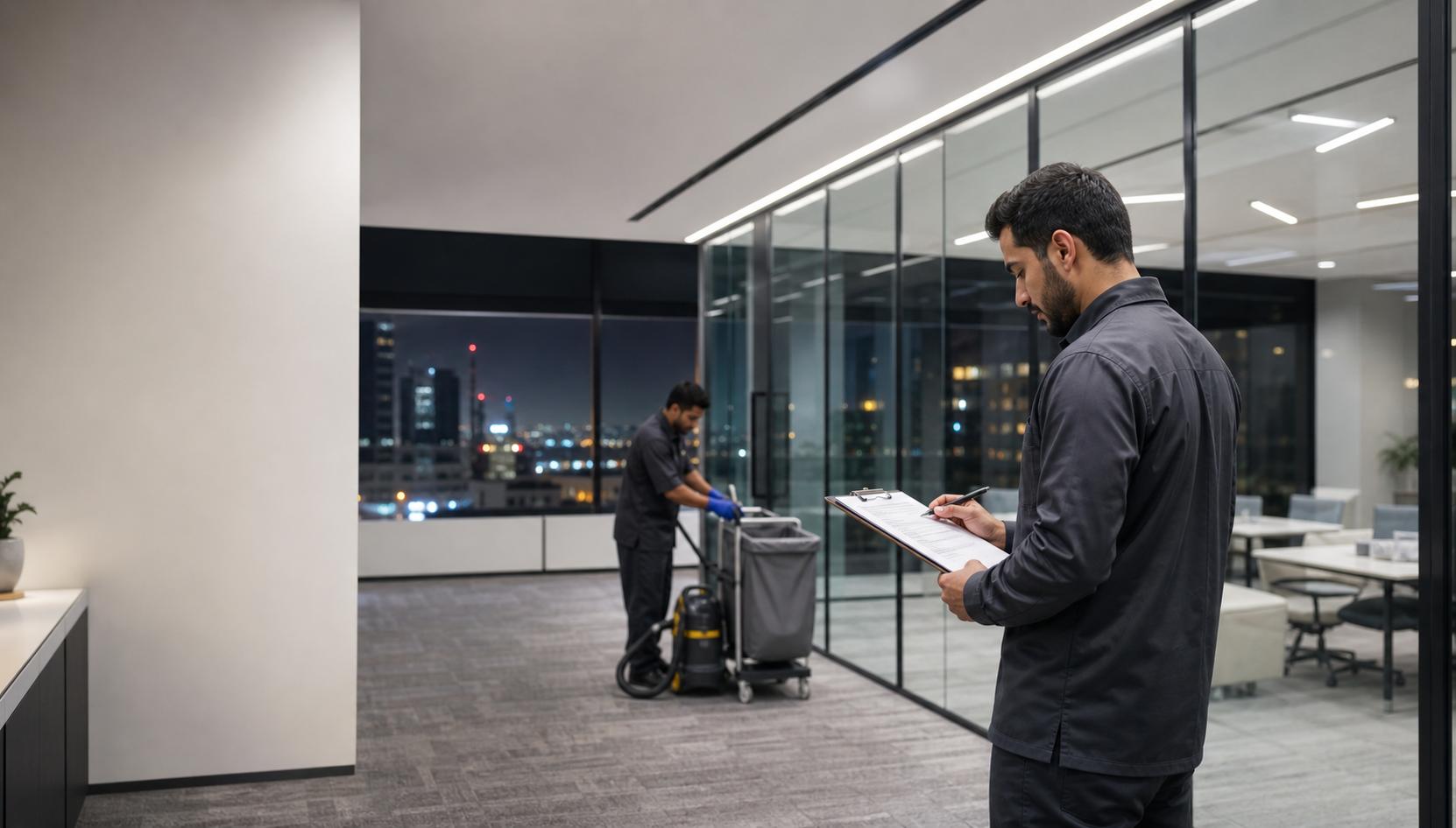 Facilities supervisor reviewing an office cleaning plan in Riyadh